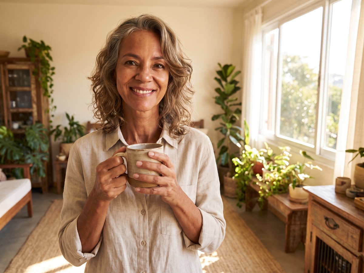 Denise sorrindo em casa, com luz natural de manhã, segurando uma caneca
